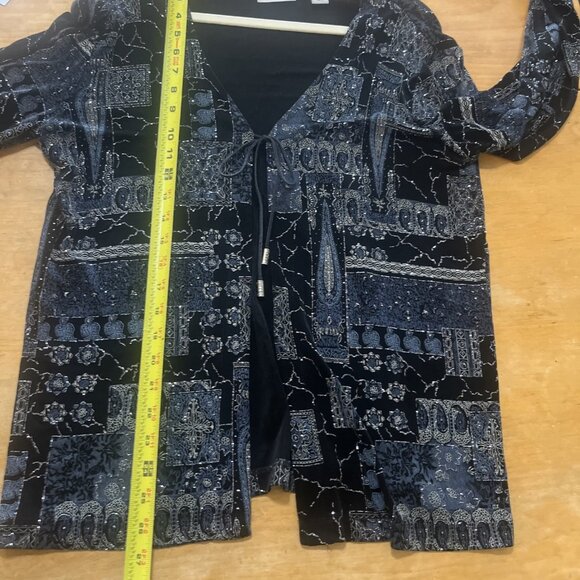 Chico’s Travelers Sz 2 US Sz 12 Jacket Black Glitter Metallic Long Sleeve Tie - Picture 8 of 11